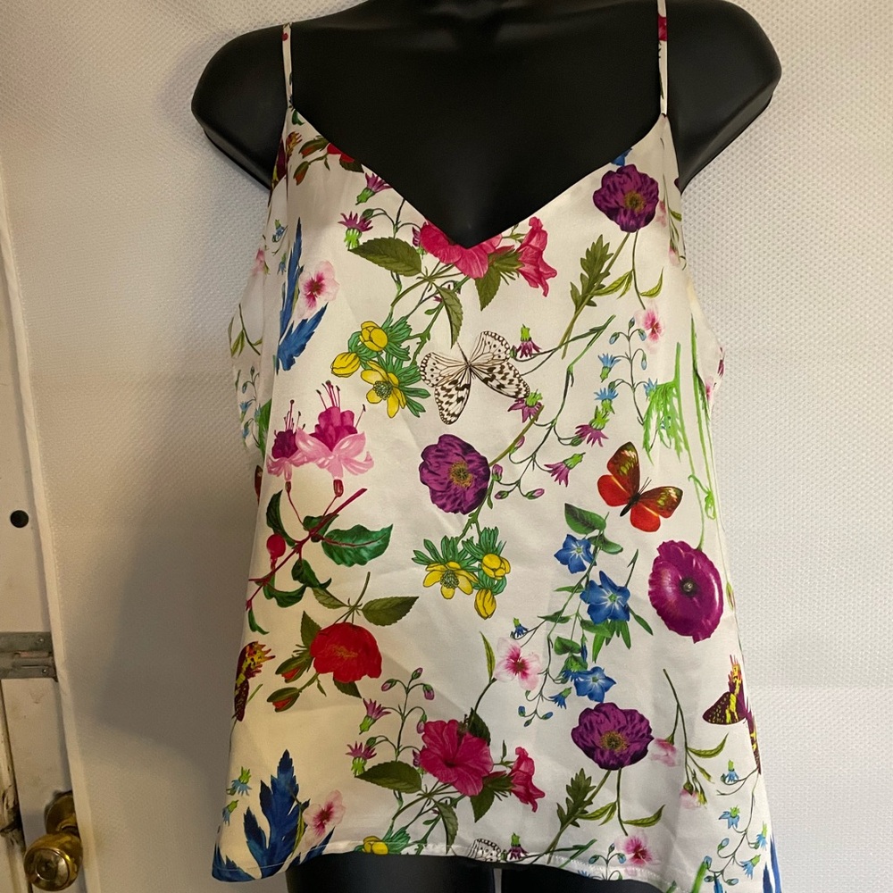 L'AGENCE White Floral Silk Camisole with Multicolor Botanical Print